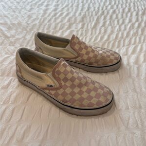 Vans Women's Pink and Cream Checkered Slip-On Sneakers